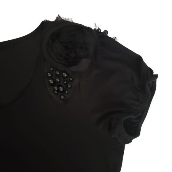 Saint Tropez West Women's Solid Black Beaded Short Sleeve Blouse Size Medium - Picture 5 of 12